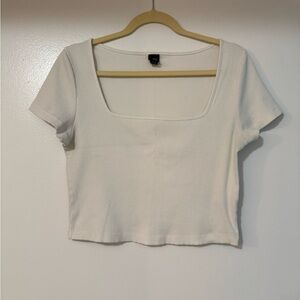 White Ribbed Square Neck Top